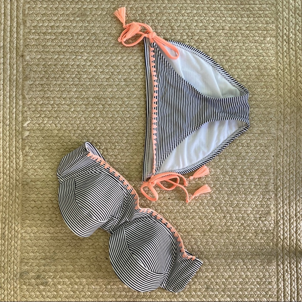 Striped bikini with pink threaded detailing
